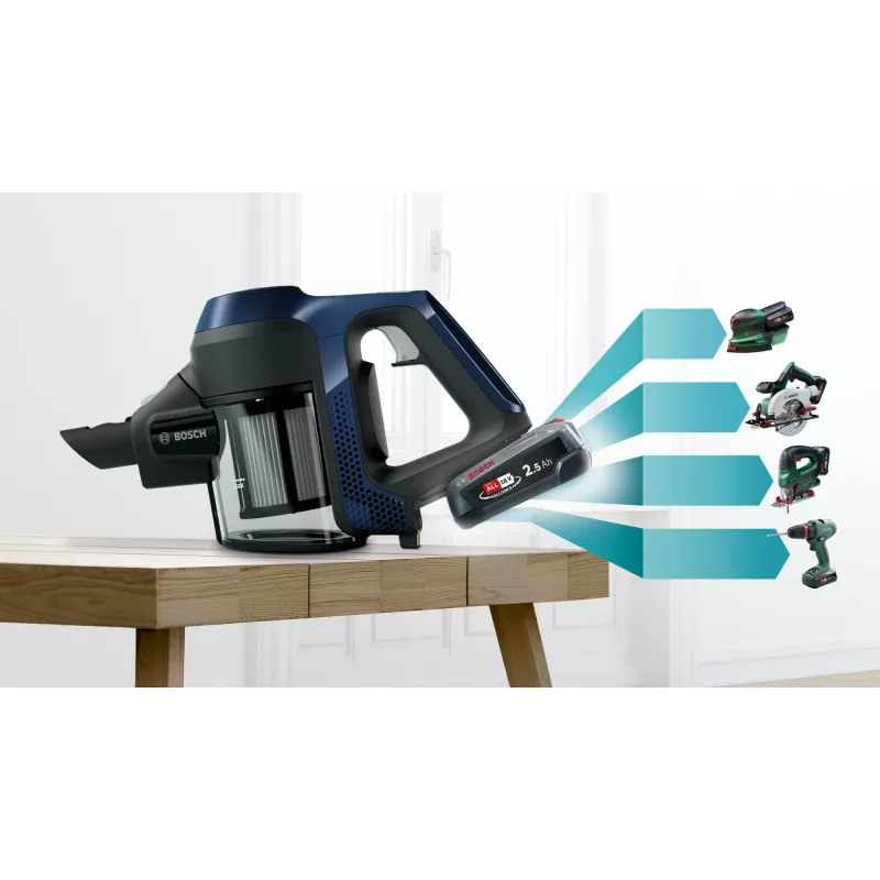 Bosch Serie 6 BBS611PCK putekļsūcējs ar kātu/elektriskā slota 2-in-1 putekļsūcējs ar kātu Baterija Sausā tīrīšana Higiēnas filtrs Bez maisiņa Zils 2,5 Ah