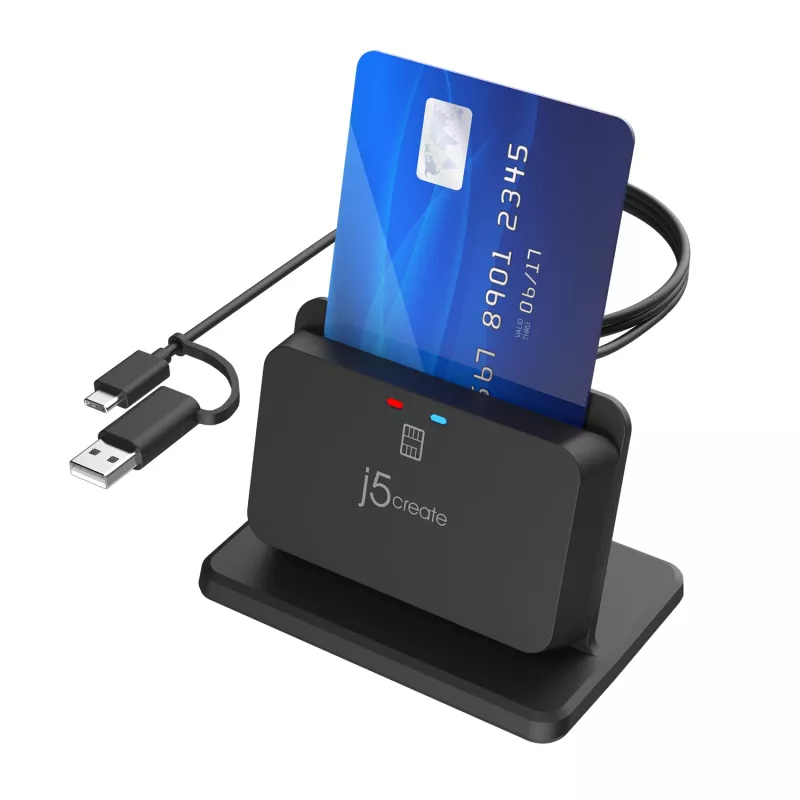 j5create JUR261 USB™ viedkaršu / CAC lasītāja statīvs, USB Type-A/USB Type-C, melns, 95 g