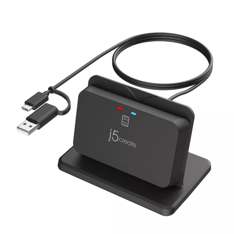 j5create JUR261 USB™ viedkaršu / CAC lasītāja statīvs, USB Type-A/USB Type-C, melns, 95 g