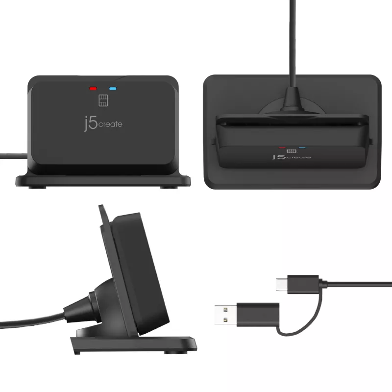 j5create JUR261 USB™ viedkaršu / CAC lasītāja statīvs, USB Type-A/USB Type-C, melns, 95 g