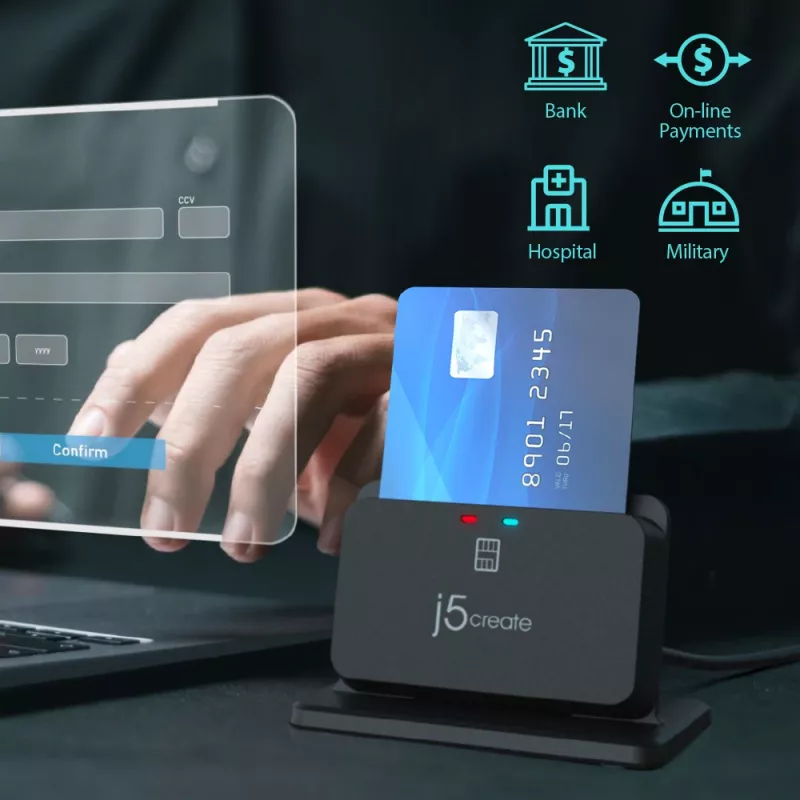 j5create JUR261 USB™ viedkaršu / CAC lasītāja statīvs, USB Type-A/USB Type-C, melns, 95 g