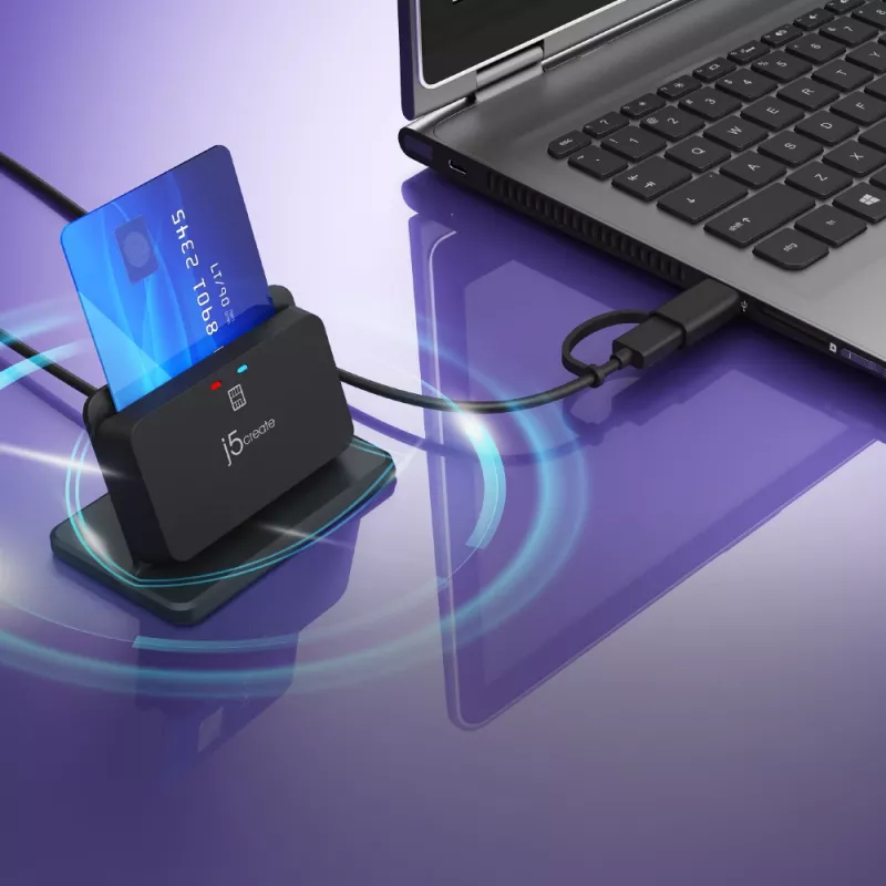 j5create JUR261 USB™ viedkaršu / CAC lasītāja statīvs, USB Type-A/USB Type-C, melns, 95 g
