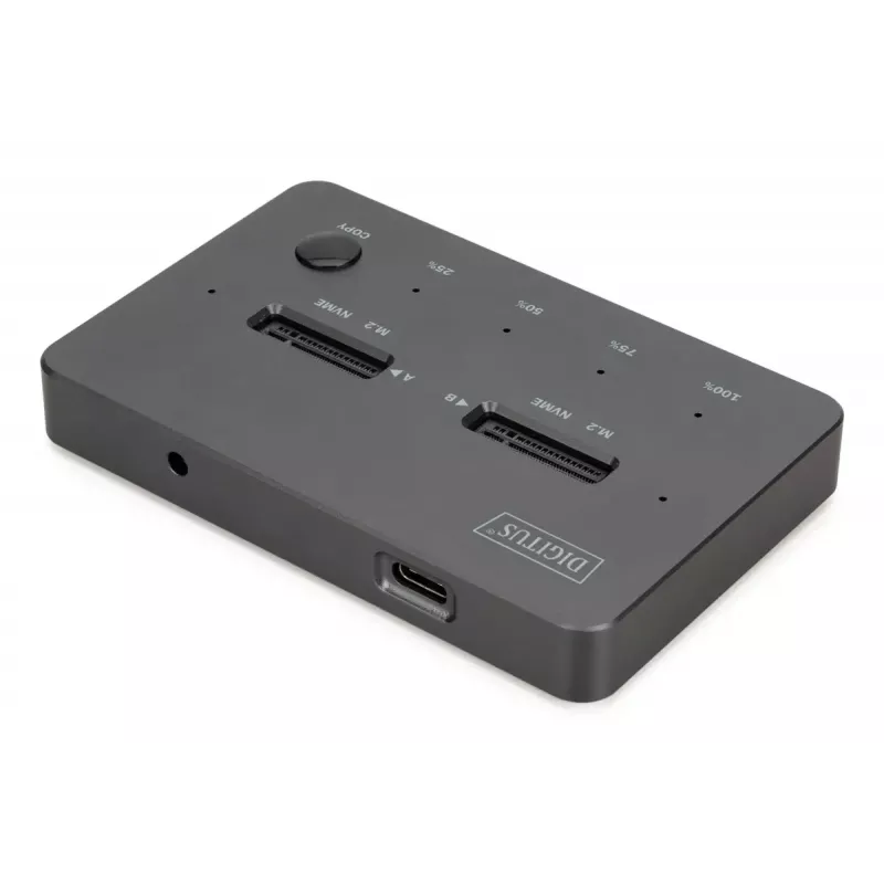 Ārējā NVMe M.2 SSD klonēšanas stacija DIGITUS DA-71545-1, USB 3.1 Gen2 Type-C, atbalsta 2 M.2 diskus, melna