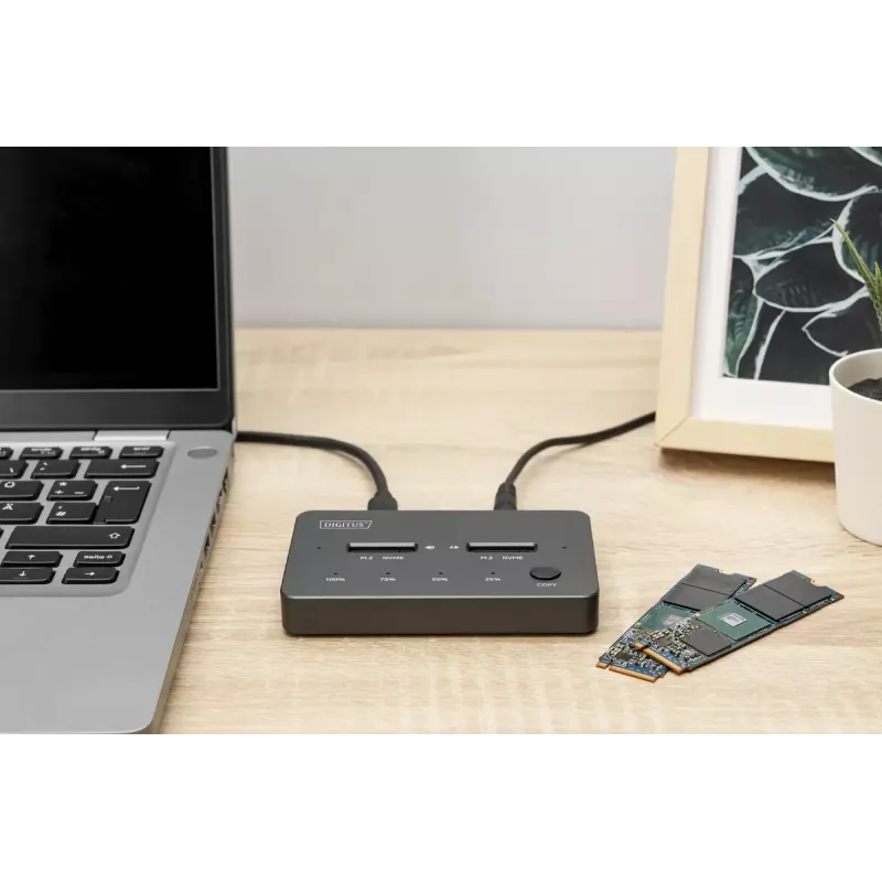 Ārējā NVMe M.2 SSD klonēšanas stacija DIGITUS DA-71545-1, USB 3.1 Gen2 Type-C, atbalsta 2 M.2 diskus, melna