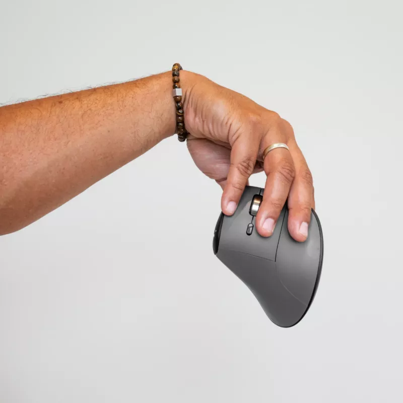 BakkerElkhuizen FastForward Pro pele, labās rokas, vertikāls dizains, optiskā, RF bezvadu + Bluetooth + USB Type-C, 5000 DPI, melna, pelēka