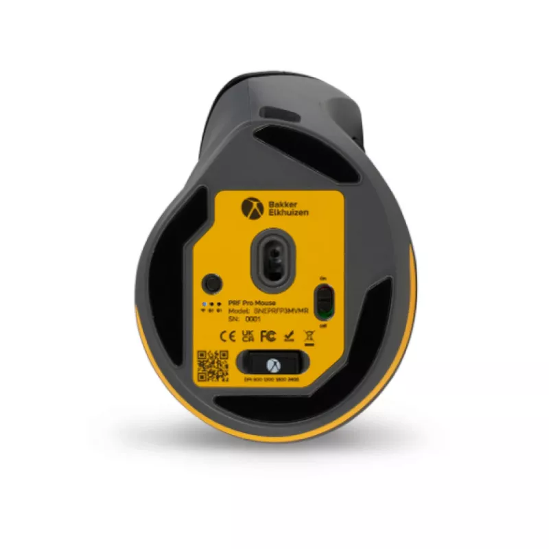 BakkerElkhuizen PRF Pro pele Labroku, Labā roka, Vertikāls dizains, Optiska, RF Bezvadu + Bluetooth + USB Type-C, 2400 DPI, Melna, Pelēka