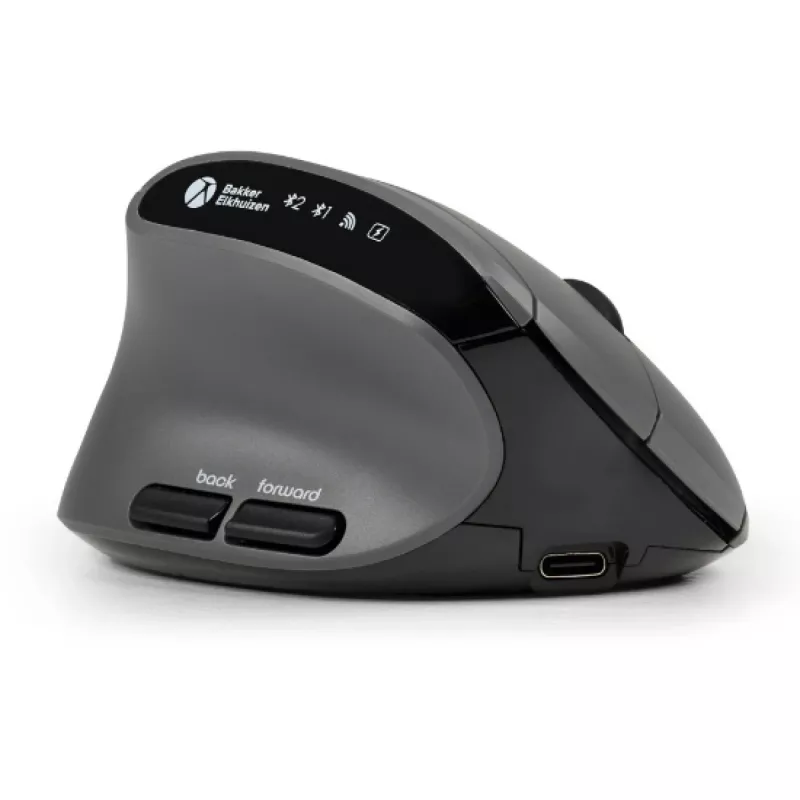 BakkerElkhuizen MidWay pele kreisā, kreisās rokas, vertikāls dizains, optiskā, RF bezvadu + Bluetooth + USB Type-C, 2400 DPI, pelēka, melna