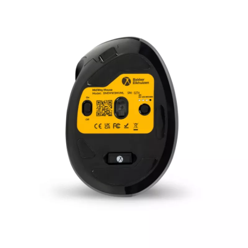 BakkerElkhuizen MidWay pele kreisā, kreisās rokas, vertikāls dizains, optiskā, RF bezvadu + Bluetooth + USB Type-C, 2400 DPI, pelēka, melna