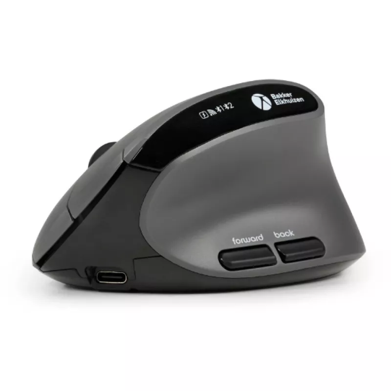 BakkerElkhuizen MidWay pele ar labo roku, labročiem, vertikāls dizains, optiskā, RF bezvadu + Bluetooth + USB Type-C, 2400 DPI, pelēka, melna