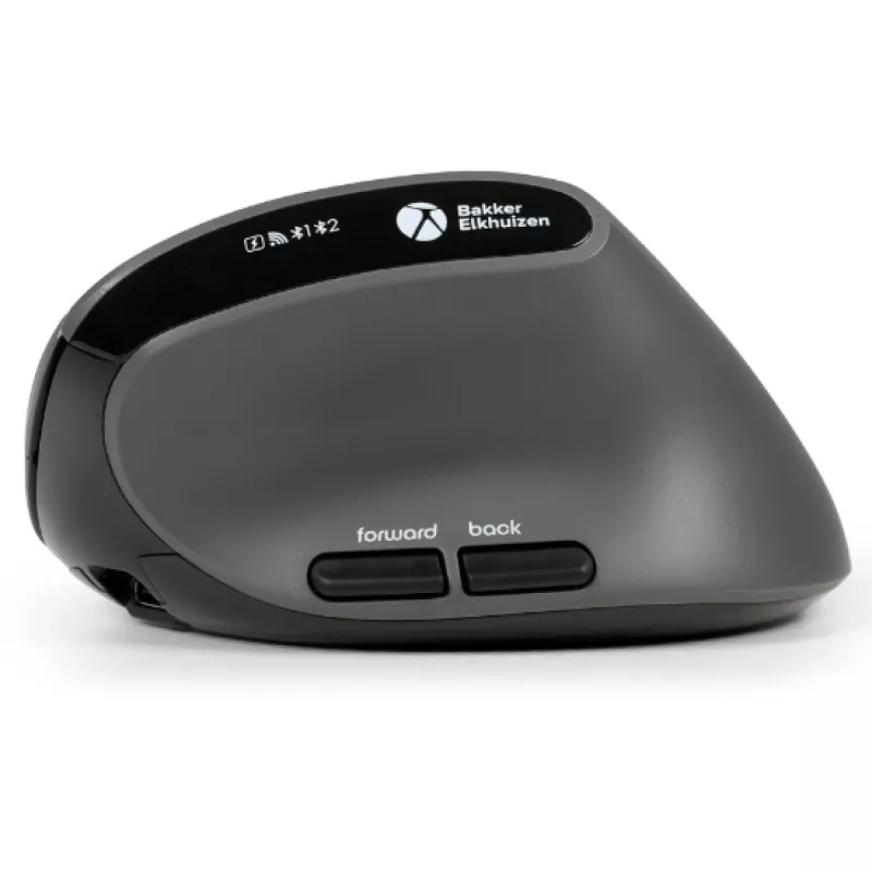 BakkerElkhuizen MidWay pele ar labo roku, labročiem, vertikāls dizains, optiskā, RF bezvadu + Bluetooth + USB Type-C, 2400 DPI, pelēka, melna