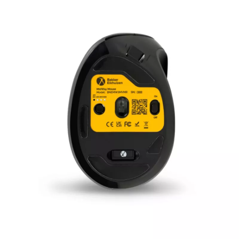 BakkerElkhuizen MidWay pele ar labo roku, labročiem, vertikāls dizains, optiskā, RF bezvadu + Bluetooth + USB Type-C, 2400 DPI, pelēka, melna