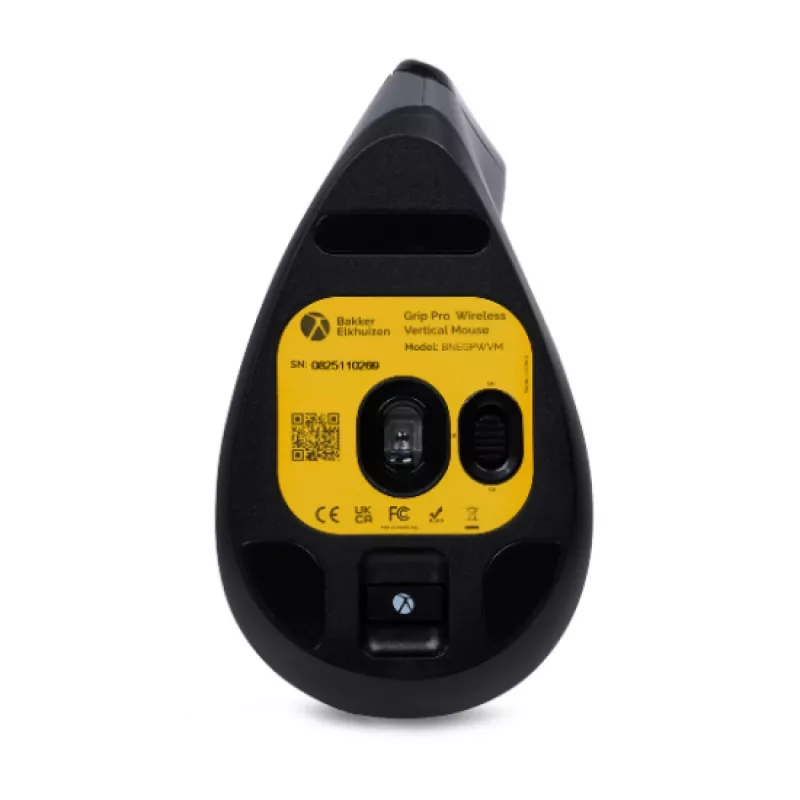 BakkerElkhuizen Grip Pro pele, labās rokas, vertikāls dizains, optiska, RF Wireless, 2400 DPI, pelēka, melna, dzeltena