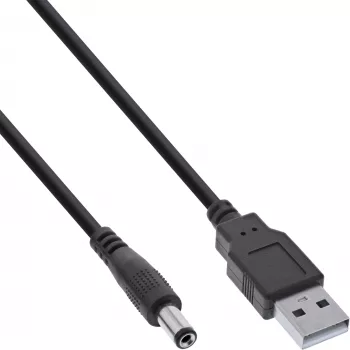 InLine USB līdzstrāvas barošanas adaptera kabelis, USB A spraudnis uz DC 5.5x2.10 mm spraudni, melns, 1 m