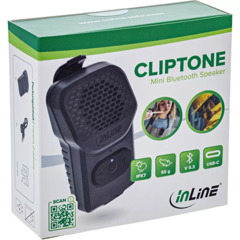 Mono portatīvais skaļrunis InLine 55383 — melns, draiveris 2,8 cm, Bluetooth 2,4 GHz (darbības rādiuss 10 m)