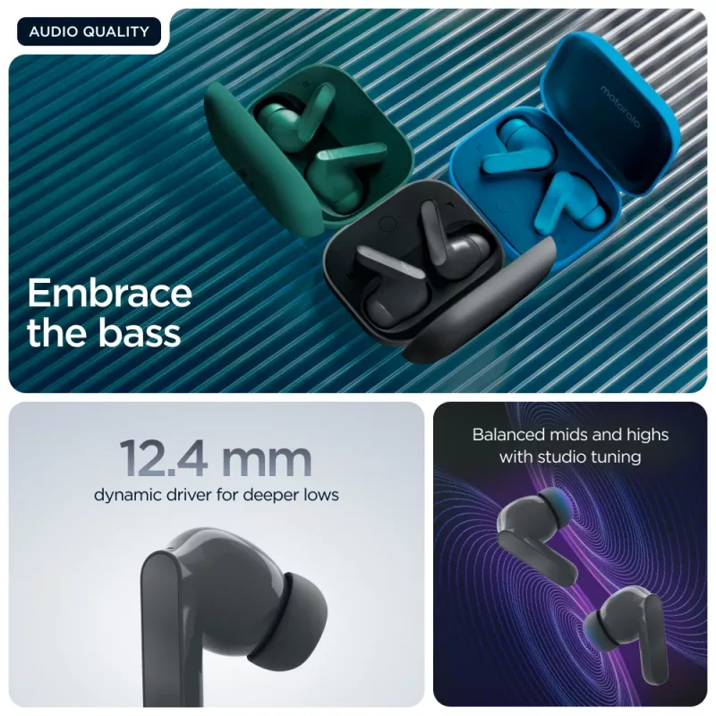 Austiņas MOTOROLA Moto Buds Bass TWS Bluetooth ievietojamās zvaniem un mūzikai, melnas, 51 g