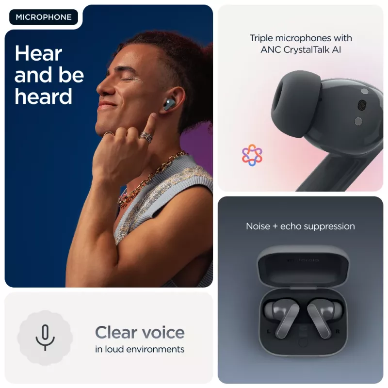 Austiņas MOTOROLA Moto Buds Bass TWS Bluetooth ievietojamās zvaniem un mūzikai, melnas, 51 g