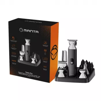 Bezvadu uzlādējamais matu trimeris MANTA HT-01BK — USB-C, IPX7 ūdensizturīgs, 90 min baterija, 6 + 4 magnētiski uzgaļi