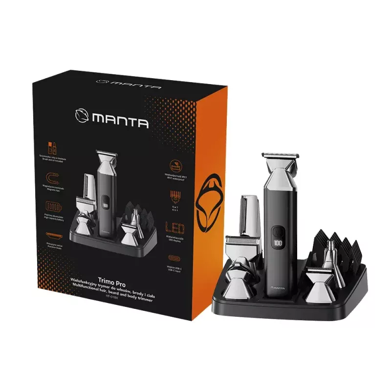 Bezvadu uzlādējamais matu trimeris MANTA HT-01BK — USB-C, IPX7 ūdensizturīgs, 90 min baterija, 6 + 4 magnētiski uzgaļi
