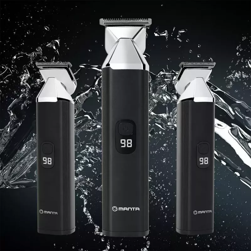 Bezvadu uzlādējamais matu trimeris MANTA HT-01BK — USB-C, IPX7 ūdensizturīgs, 90 min baterija, 6 + 4 magnētiski uzgaļi