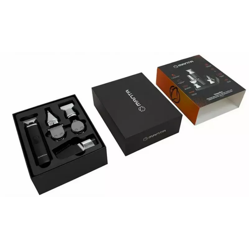 Bezvadu uzlādējamais matu trimeris MANTA HT-01BK — USB-C, IPX7 ūdensizturīgs, 90 min baterija, 6 + 4 magnētiski uzgaļi