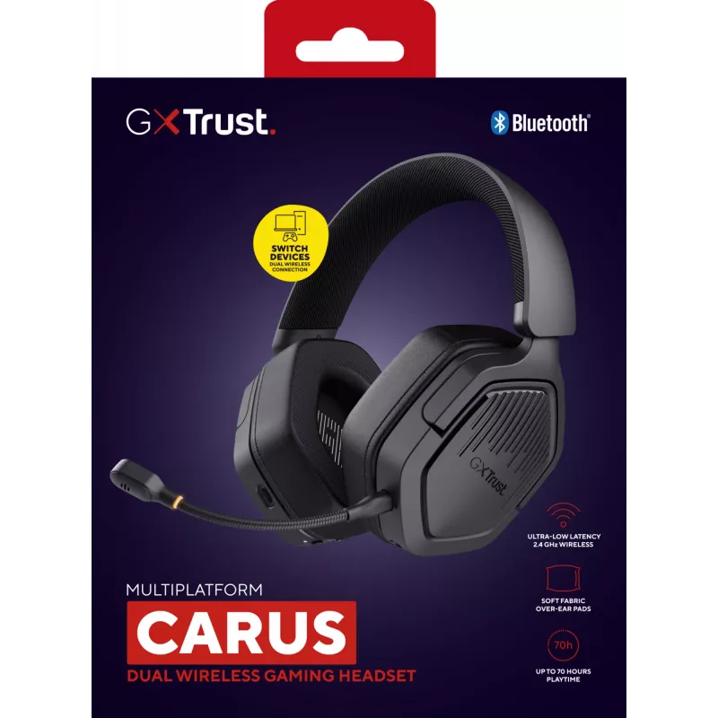 Trust GXT 493 Carus austiņas, vadu un bezvadu, galvas stīpa, ķiveres tipa, spēlēm, USB Type-C / USB Type-A, Bluetooth, melnas