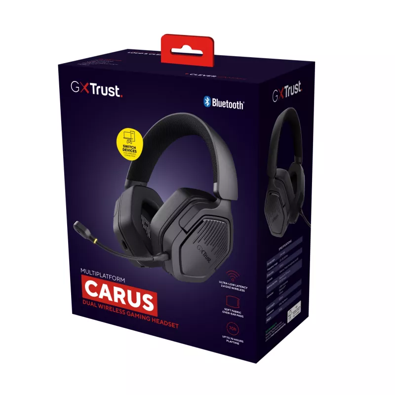 Trust GXT 493 Carus austiņas, vadu un bezvadu, galvas stīpa, ķiveres tipa, spēlēm, USB Type-C / USB Type-A, Bluetooth, melnas
