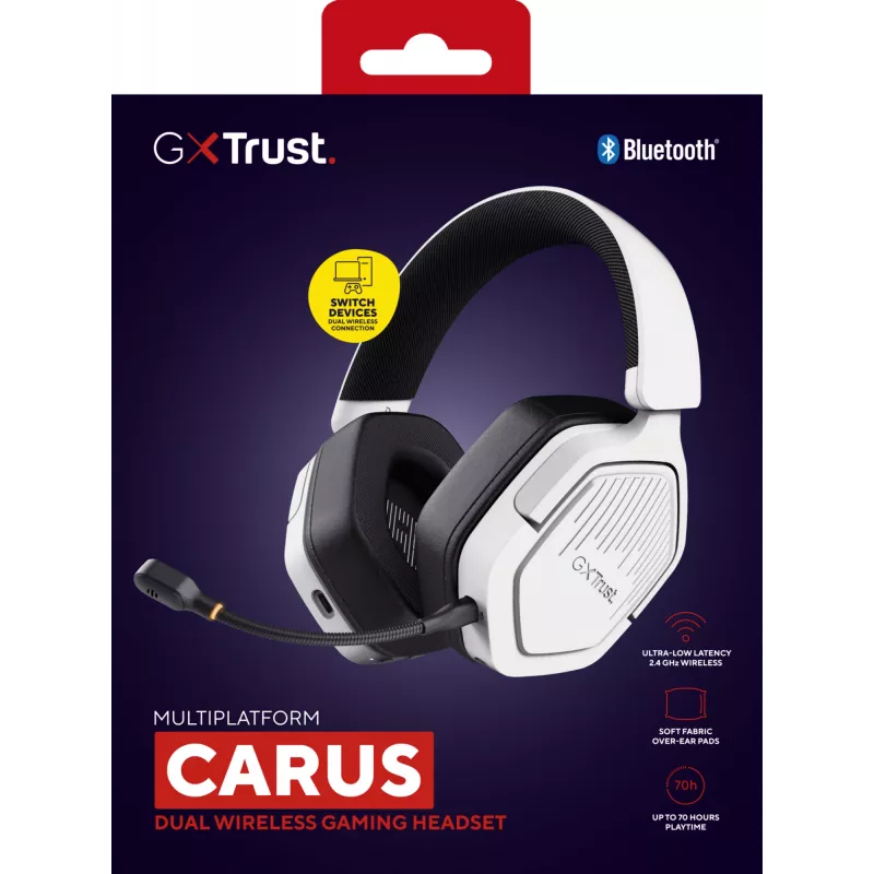 Trust GXT 493W Carus austiņas vadu un bezvadu, galvas lente, ķivere Spēļu USB Type-C / USB Type-A Bluetooth Balts