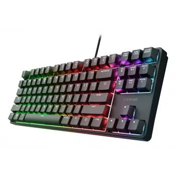 Mehāniska spēļu tastatūra TRUST 26135, 80% 87 taustiņi, QWERTZ vācu izkārtojums, USB vadu savienojums, melna, 1,8 m kabelis