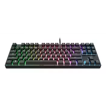Mehāniska spēļu tastatūra TRUST 26135, 80% 87 taustiņi, QWERTZ vācu izkārtojums, USB vadu savienojums, melna, 1,8 m kabelis