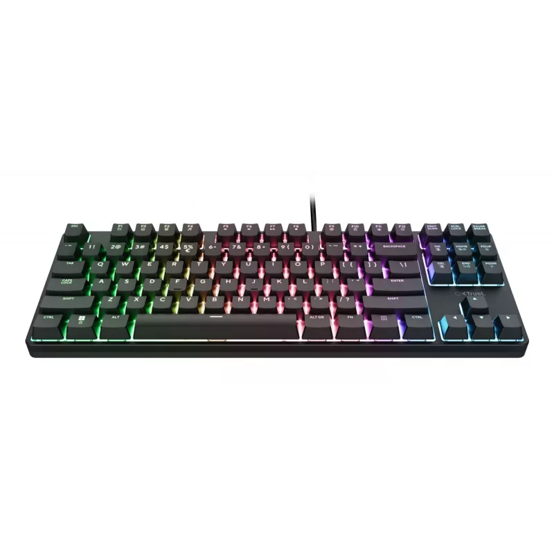 Mehāniska spēļu tastatūra TRUST 26135, 80% 87 taustiņi, QWERTZ vācu izkārtojums, USB vadu savienojums, melna, 1,8 m kabelis