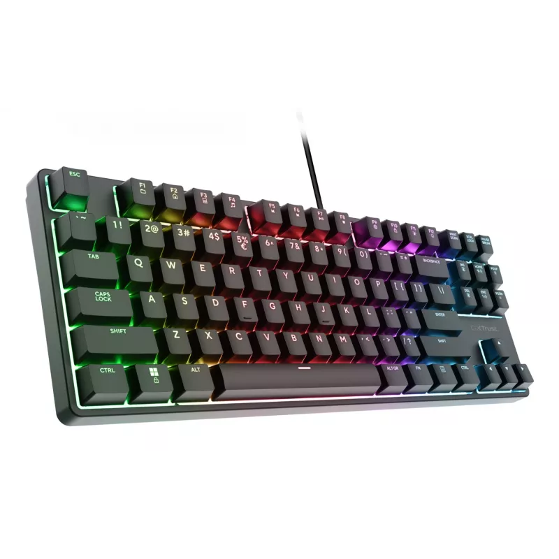 Mehāniska spēļu tastatūra TRUST 26135, 80% 87 taustiņi, QWERTZ vācu izkārtojums, USB vadu savienojums, melna, 1,8 m kabelis