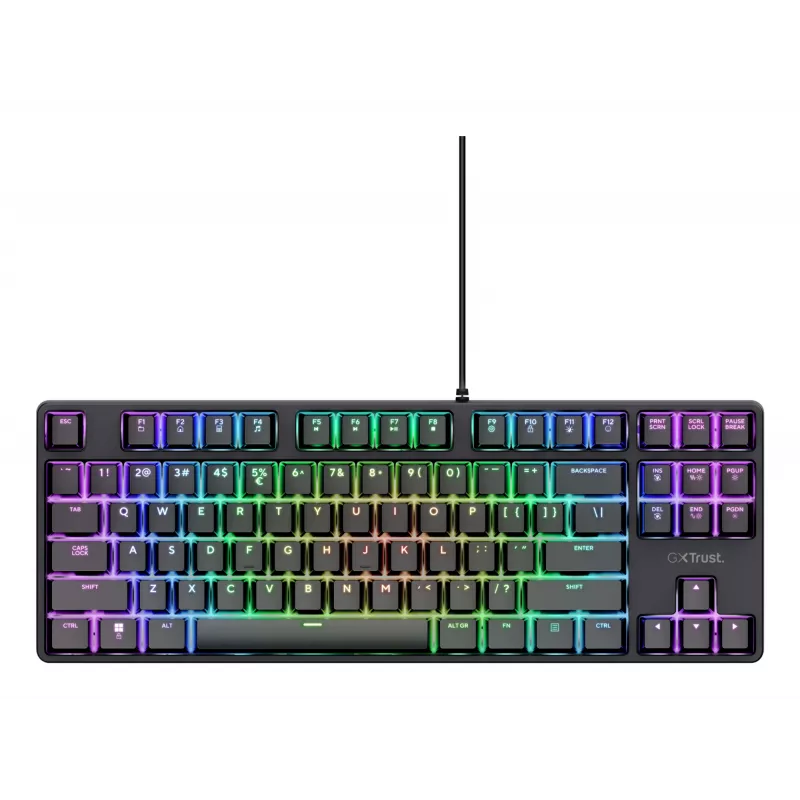 Mehāniska spēļu tastatūra TRUST 26135, 80% 87 taustiņi, QWERTZ vācu izkārtojums, USB vadu savienojums, melna, 1,8 m kabelis