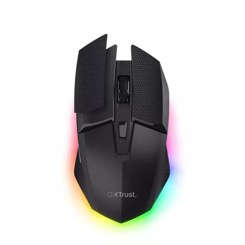 Spēļu pele TRUST GXT 122 Felox+ — labās rokas, optiska, RF Wireless + Bluetooth, 10000 DPI, 7 pogas, vairāku krāsu LED, melna