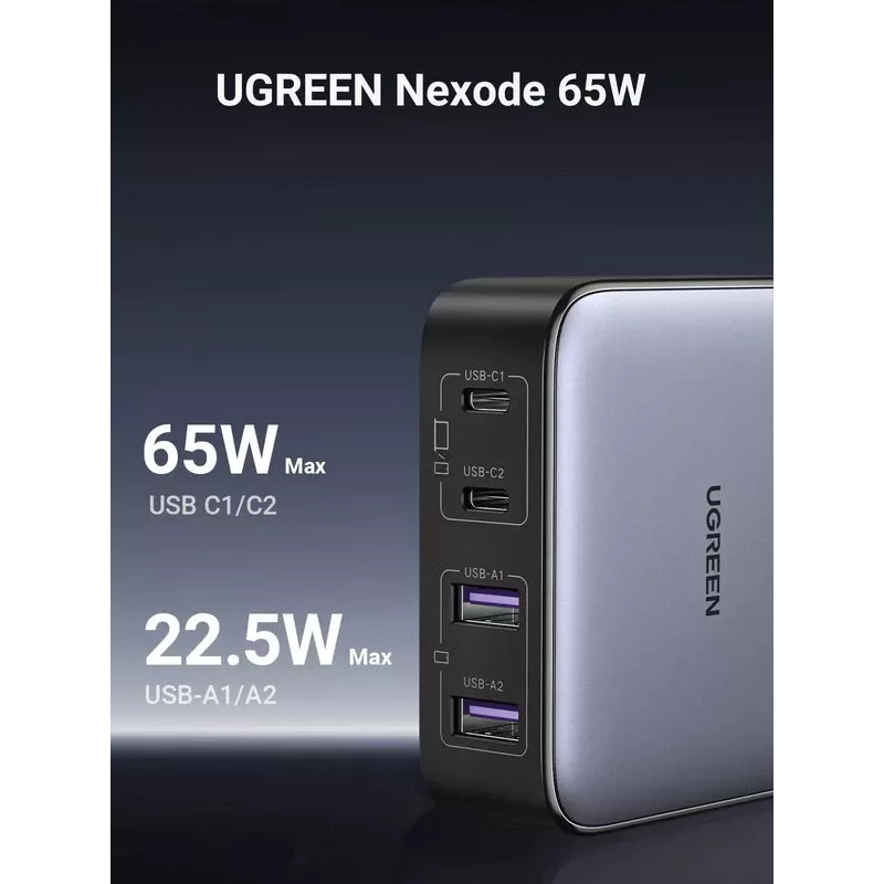 Ugreen Nexode 65 W galda ātrās uzlādes lādētājs, 2x USB-A + 2x USB-C (90747)