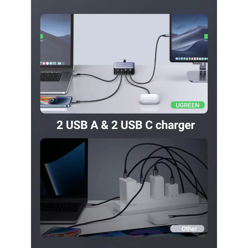 Ugreen Nexode 65 W galda ātrās uzlādes lādētājs, 2x USB-A + 2x USB-C (90747)