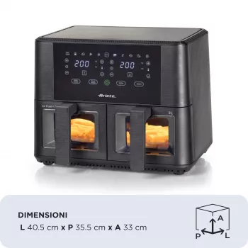 Ariete 4631 Dubultā gaisa friteris 9L, 2400W, kopējā ietilpība 9L, 11 programmas, daudzfunkcionāls, līdz 3,6 kg cepta ēdiena, temperatūra līdz 200°C, dubultais grozs, melns