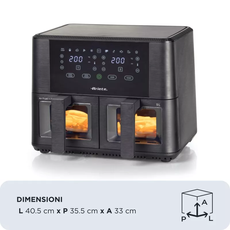 Ariete 4631 Dubultā gaisa friteris 9L, 2400W, kopējā ietilpība 9L, 11 programmas, daudzfunkcionāls, līdz 3,6 kg cepta ēdiena, temperatūra līdz 200°C, dubultais grozs, melns