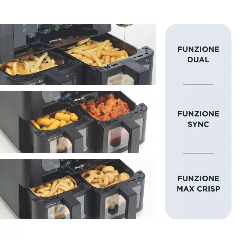 Ariete 4631 Dubultā gaisa friteris 9L, 2400W, kopējā ietilpība 9L, 11 programmas, daudzfunkcionāls, līdz 3,6 kg cepta ēdiena, temperatūra līdz 200°C, dubultais grozs, melns