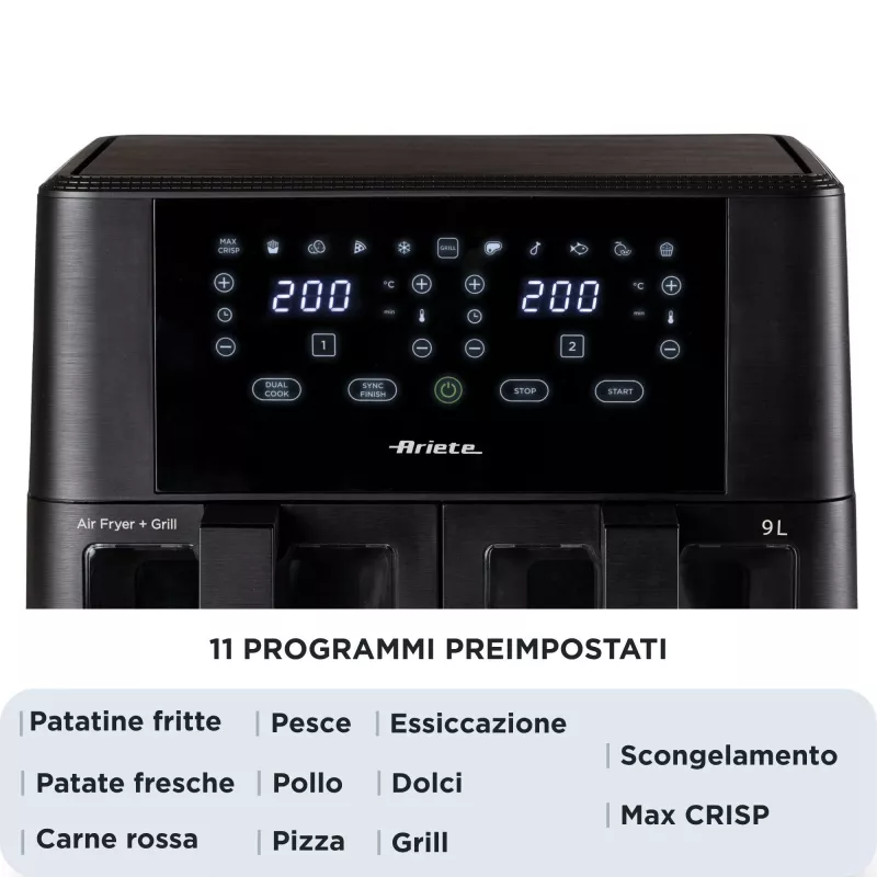 Ariete 4631 Dubultā gaisa friteris 9L, 2400W, kopējā ietilpība 9L, 11 programmas, daudzfunkcionāls, līdz 3,6 kg cepta ēdiena, temperatūra līdz 200°C, dubultais grozs, melns