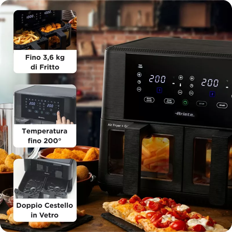 Ariete 4631 Dubultā gaisa friteris 9L, 2400W, kopējā ietilpība 9L, 11 programmas, daudzfunkcionāls, līdz 3,6 kg cepta ēdiena, temperatūra līdz 200°C, dubultais grozs, melns