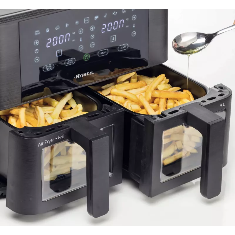 Ariete 4631 Dubultā gaisa friteris 9L, 2400W, kopējā ietilpība 9L, 11 programmas, daudzfunkcionāls, līdz 3,6 kg cepta ēdiena, temperatūra līdz 200°C, dubultais grozs, melns