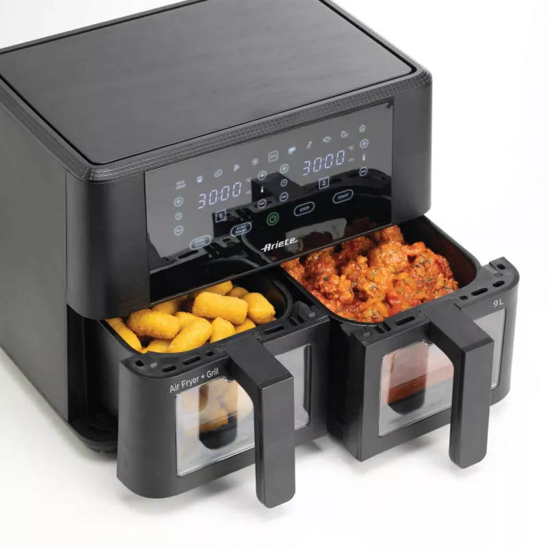 Ariete 4631 Dubultā gaisa friteris 9L, 2400W, kopējā ietilpība 9L, 11 programmas, daudzfunkcionāls, līdz 3,6 kg cepta ēdiena, temperatūra līdz 200°C, dubultais grozs, melns