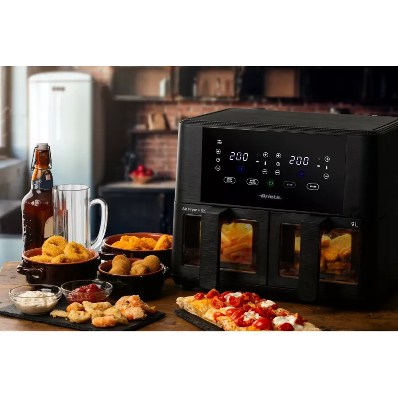 Ariete 4631 Dubultā gaisa friteris 9L, 2400W, kopējā ietilpība 9L, 11 programmas, daudzfunkcionāls, līdz 3,6 kg cepta ēdiena, temperatūra līdz 200°C, dubultais grozs, melns