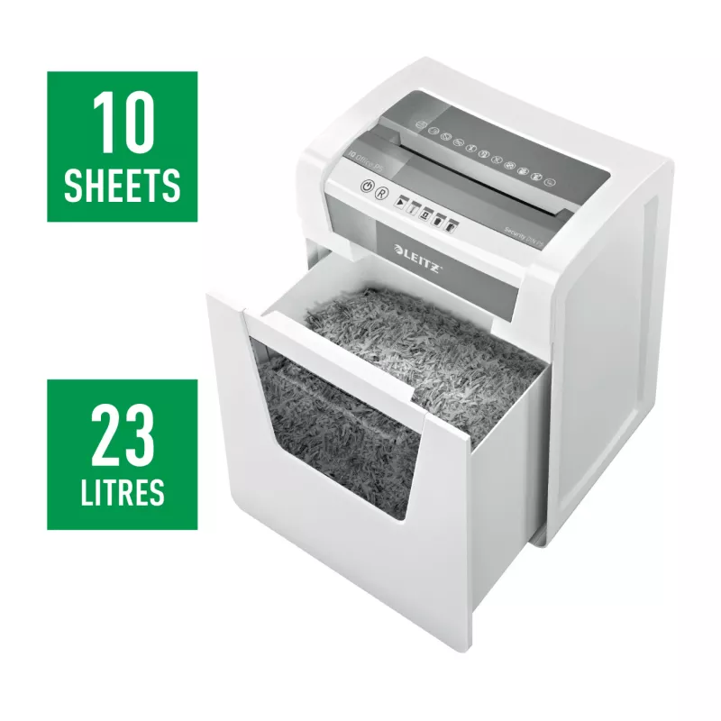 Leitz IQ Office papīra smalcinātājs, drošības līmenis P5, mikro griezuma smalcināšana, 22,3 cm, 2 x 15 mm, 23 l, 250 loksnes, 55 dB