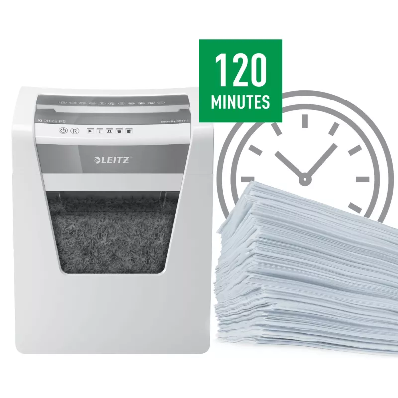 Leitz IQ Office papīra smalcinātājs, drošības līmenis P5, mikro griezuma smalcināšana, 22,3 cm, 2 x 15 mm, 23 l, 250 loksnes, 55 dB