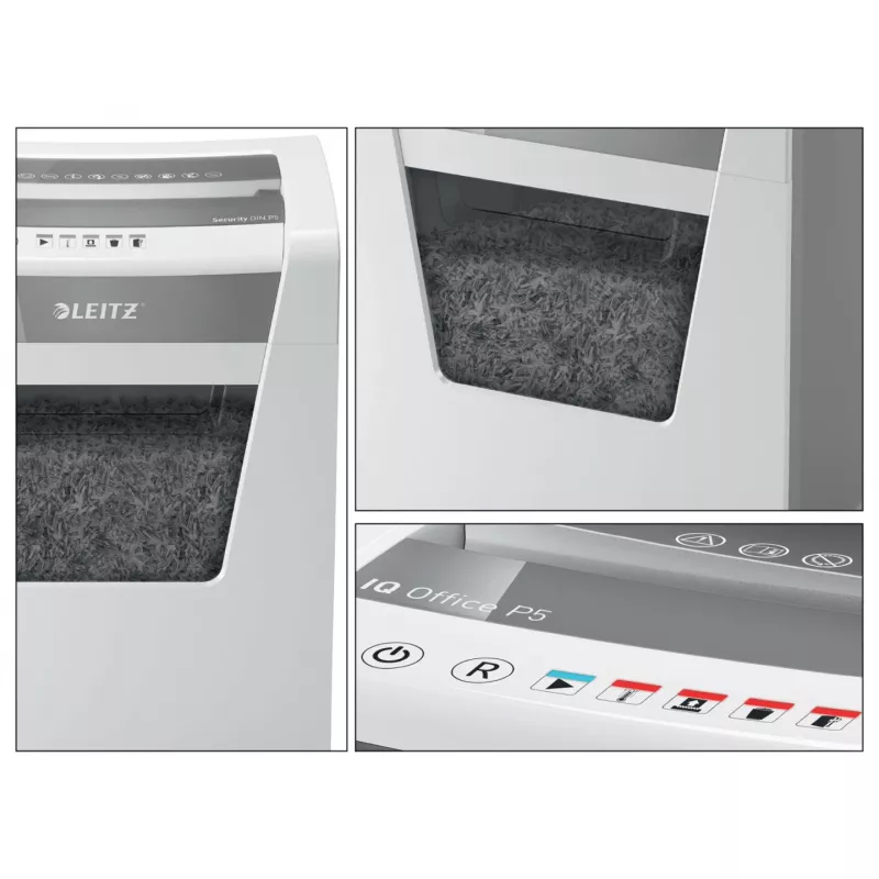 Leitz IQ Office papīra smalcinātājs, drošības līmenis P5, mikro griezuma smalcināšana, 22,3 cm, 2 x 15 mm, 23 l, 250 loksnes, 55 dB