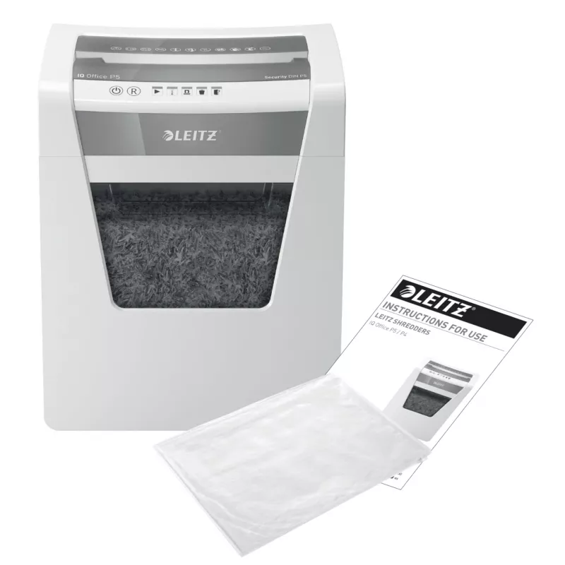 Leitz IQ Office papīra smalcinātājs, drošības līmenis P5, mikro griezuma smalcināšana, 22,3 cm, 2 x 15 mm, 23 l, 250 loksnes, 55 dB