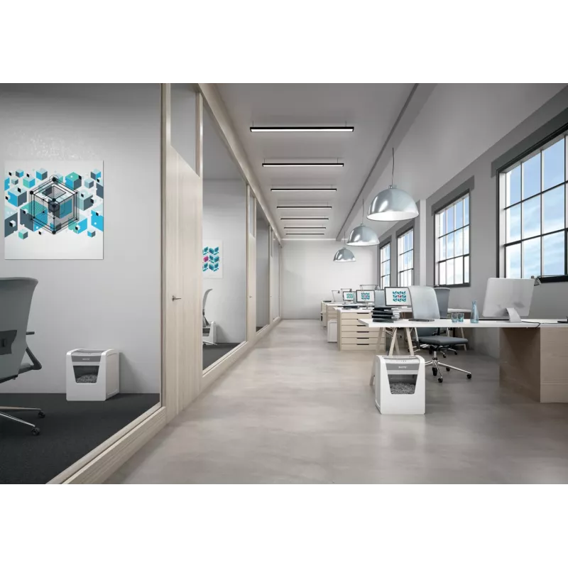 Leitz IQ Office papīra smalcinātājs, drošības līmenis P5, mikro griezuma smalcināšana, 22,3 cm, 2 x 15 mm, 23 l, 250 loksnes, 55 dB