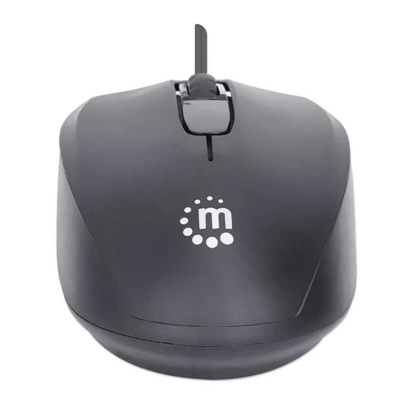 Manhattan Comfort II USB vadu pele, melna, 1000 dpi, USB-A, optiska, piemērota abām rokām, pārnēsājama/kompakta, trīs pogas ar ritināšanas ritenīti, trīs gadu garantija