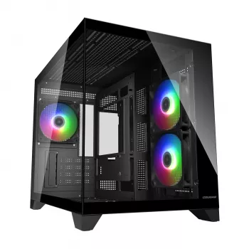 Mini Tower PC Case Cougar FV150 ARGB — melna, atbalsta 2x120/140mm sānu ventilatorus, 1x120mm aizmugurē, HDD 2,5 collas/3,5 collas, 285×435×365 mm